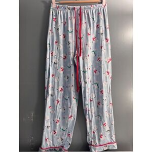 Pillow Talk Snowman Winter Cat Pajama Pants Blue Red Drawstring Womens Medium